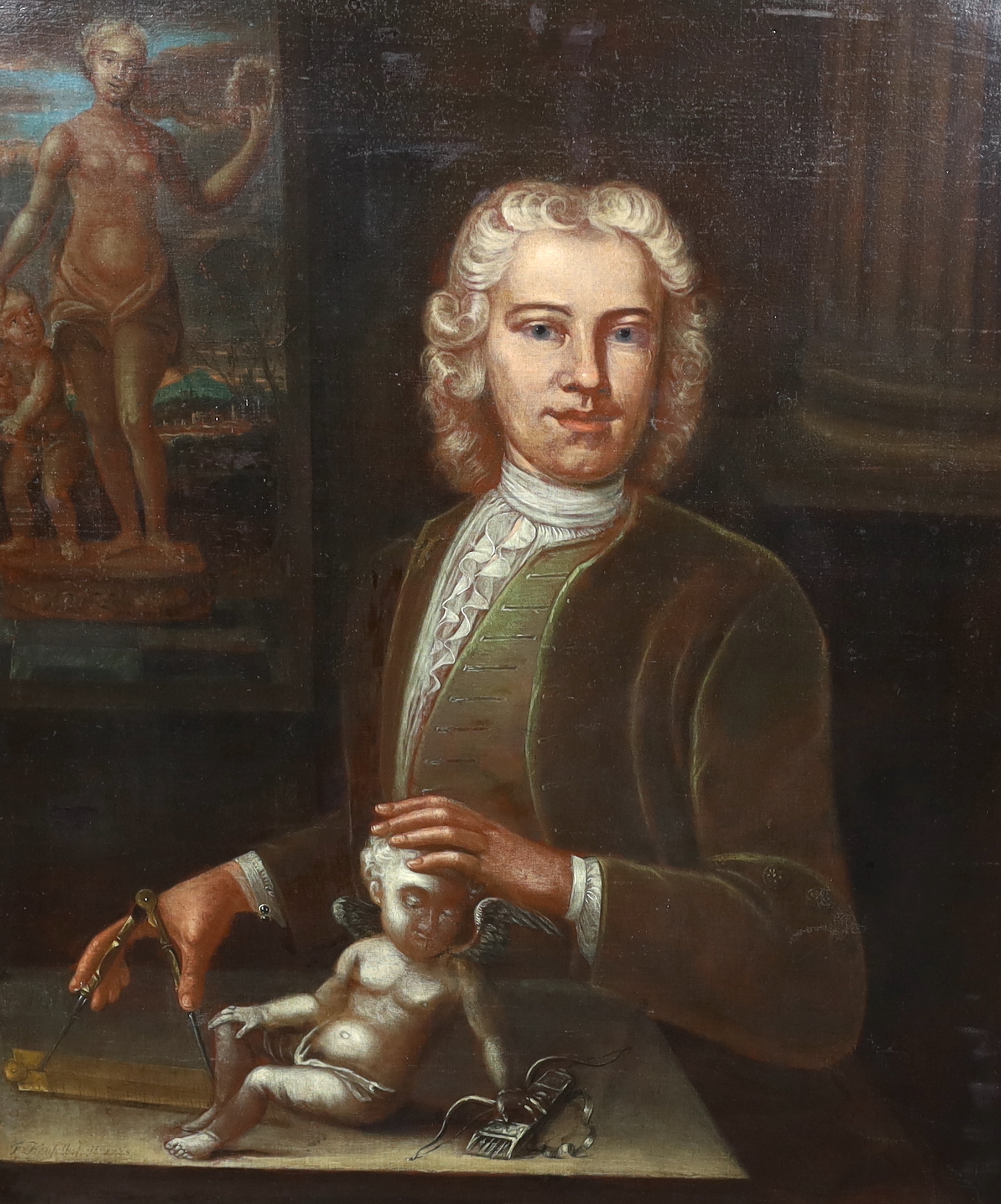 F. Heufell, Portrait of a gentleman architect or sculptor, half length holding a figure of Cupid and a set of dividers, a statue of Plenty showing beyond, oil on canvas, 96 x 92cm